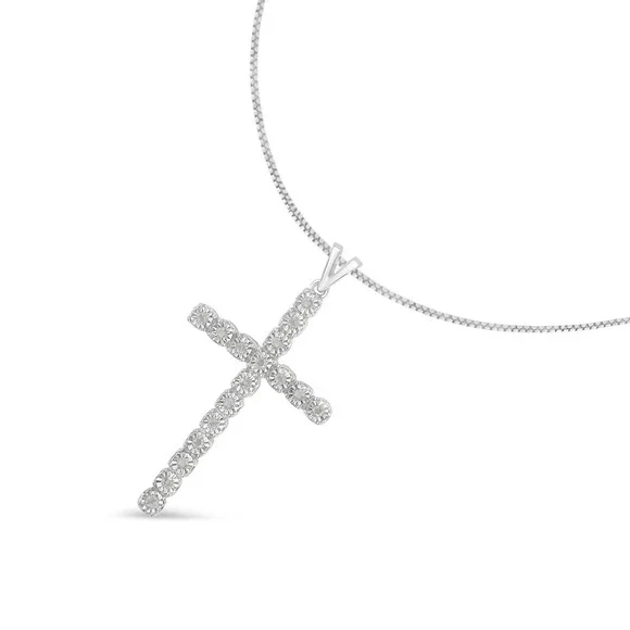 .925 Sterling Silver Diamond Miracle Set Cross Unisex Pendant Necklace
